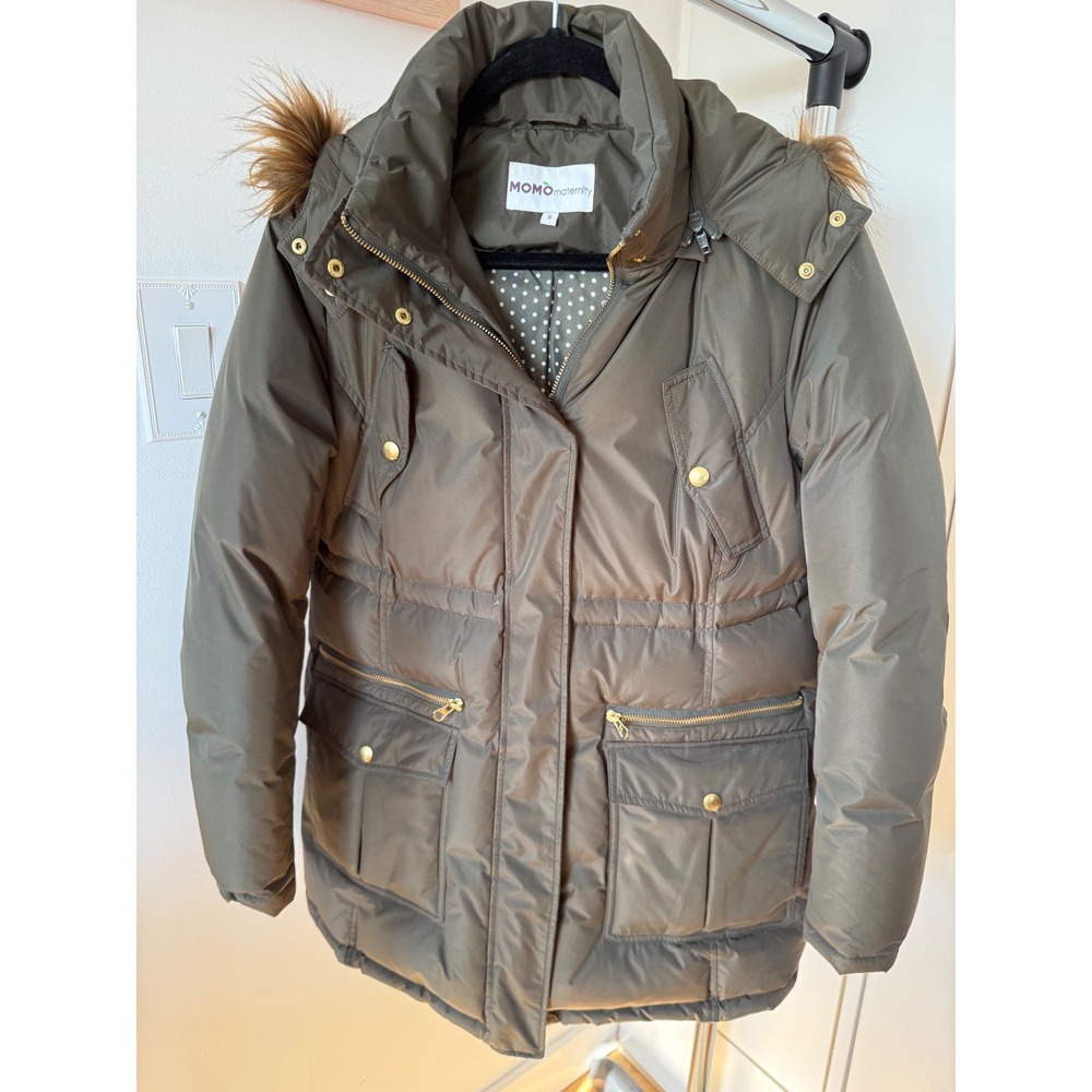 Momo Maternity Puffer Parka Jacket Olive Green Faux Fur Hood Polka Dot Lining S
